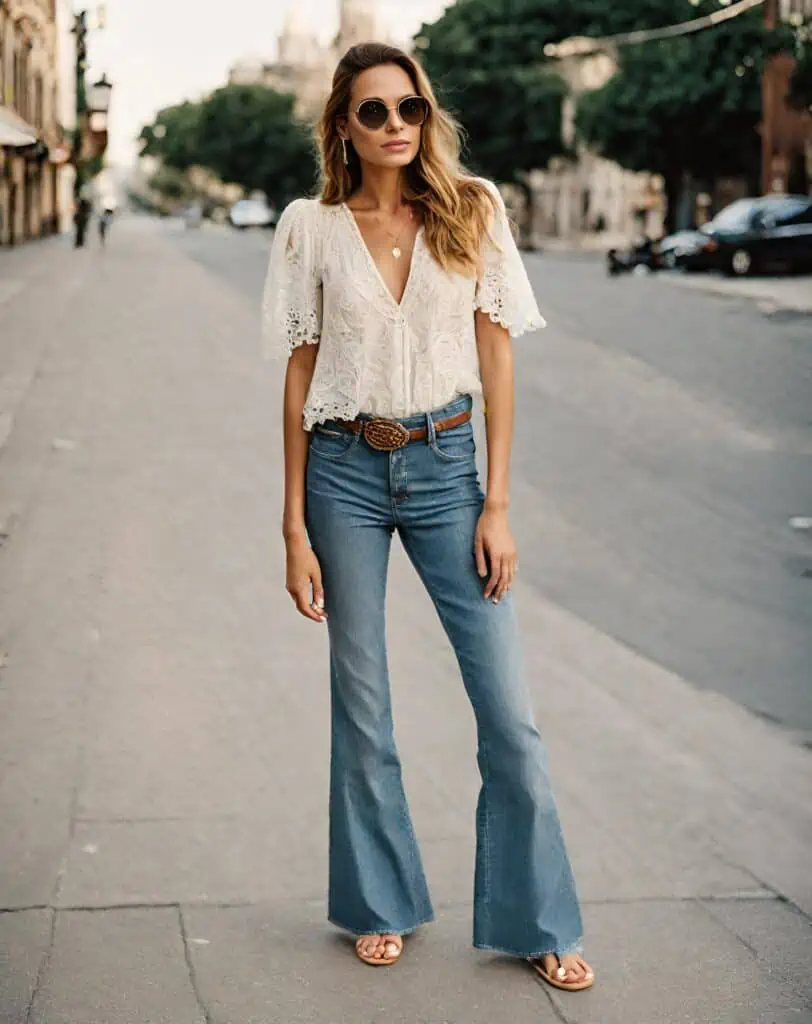 25 boho chic outfits- lace blouse and flare jeans