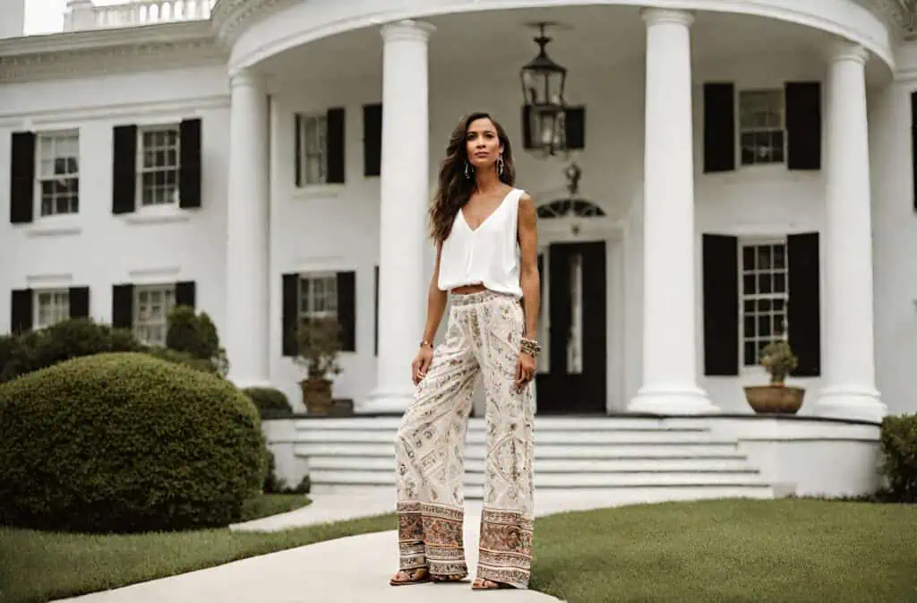 25 boho chic outfits-wide leg pants and white top