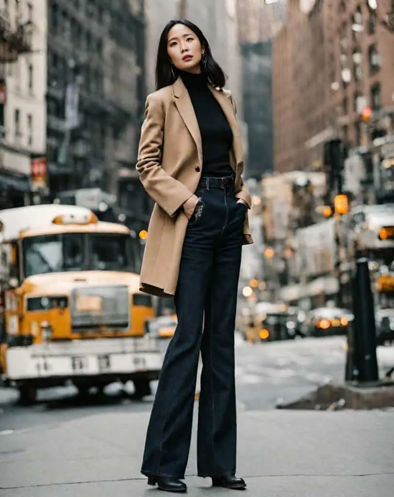 50 degree outfits-blazer and wide-leg jeans