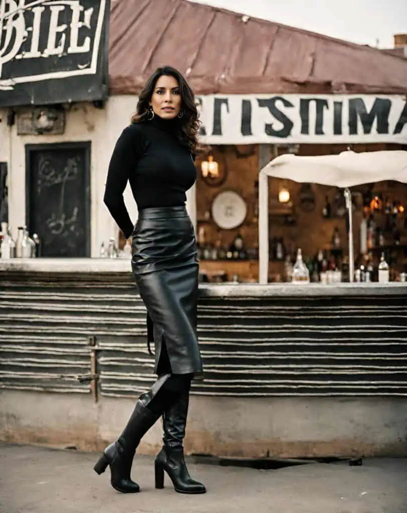 50 degree outfits-leather skirt and turtleneck