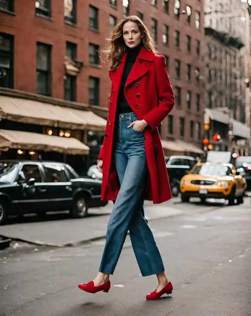 50 degree outfits- red coat and flats with wide-leg jeans