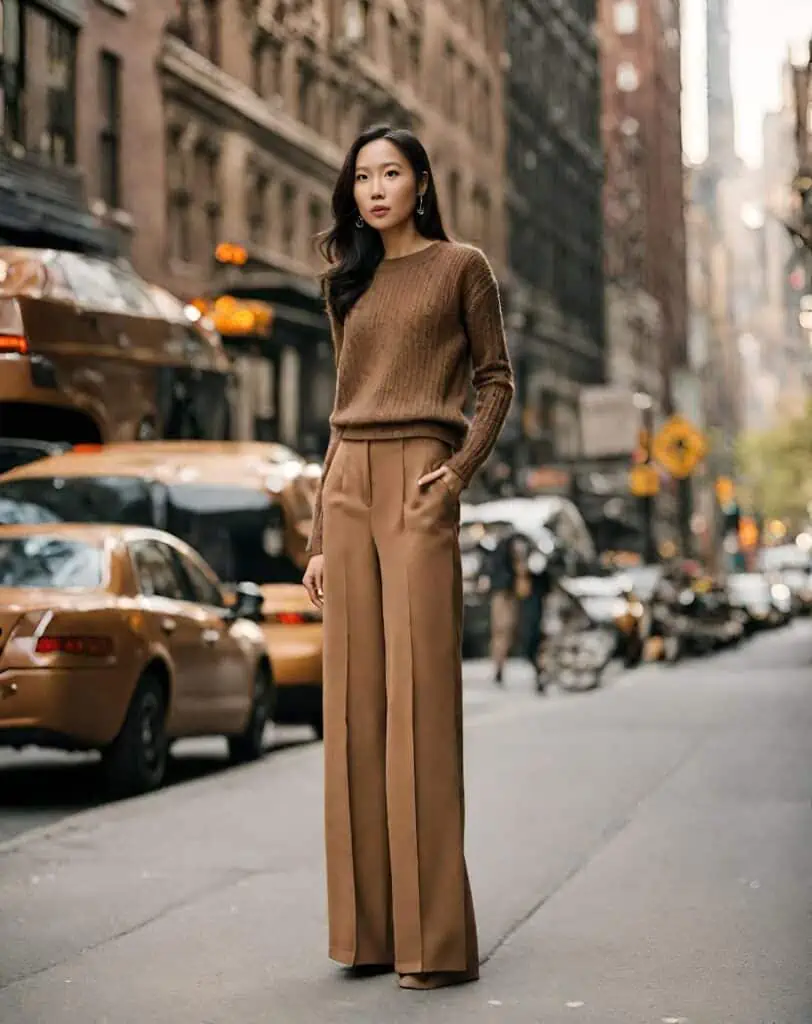 50 degree outfits-wide-leg pants and matching knit sweater