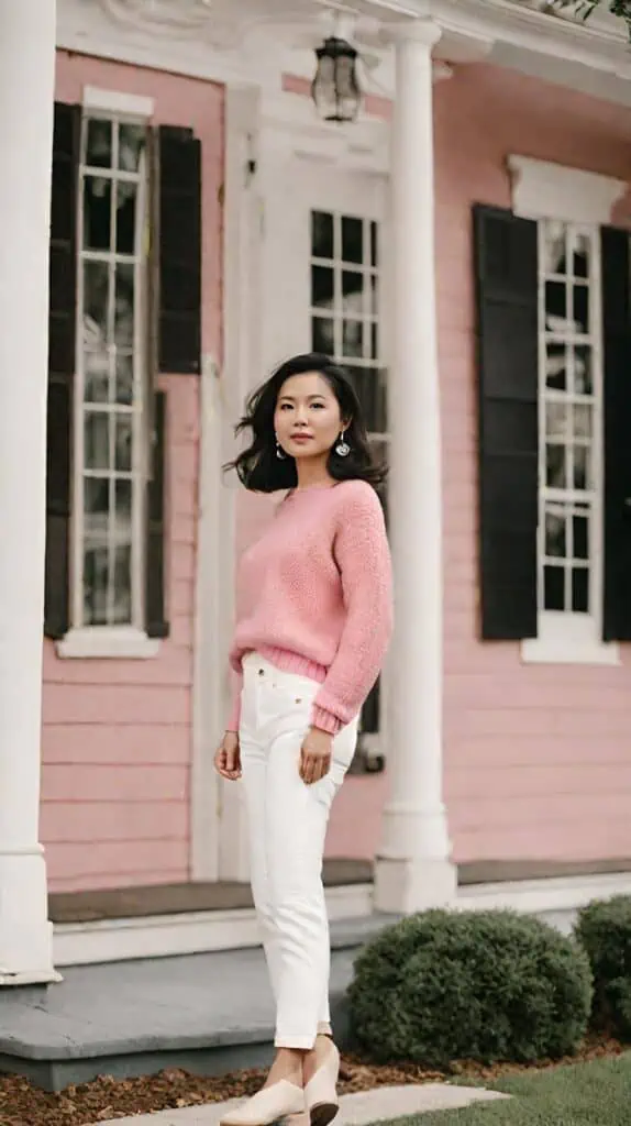 pink knit sweater with white jeans