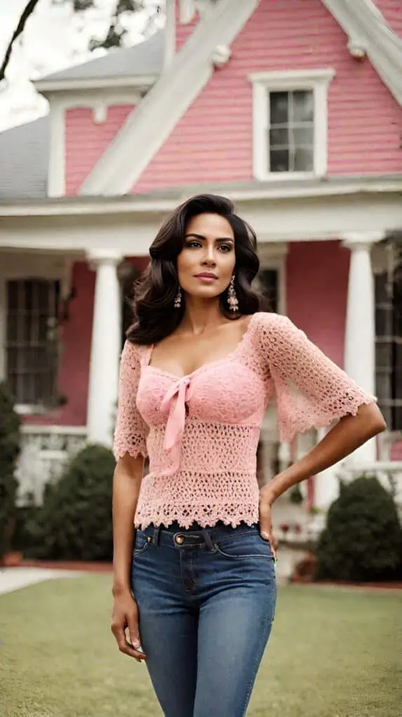 pink crochet top and jeans