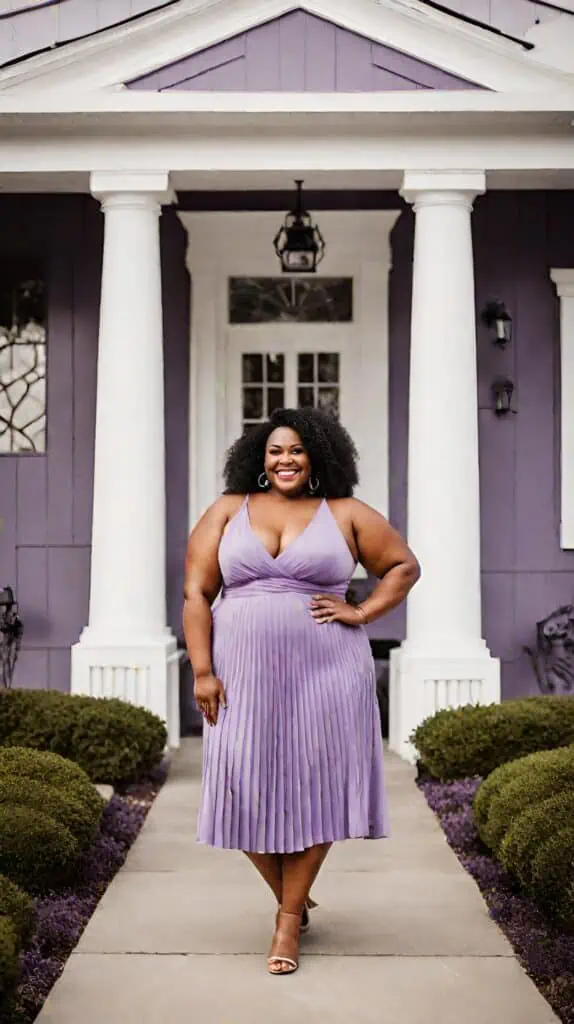 Bridal shower outfit purple pleated dress