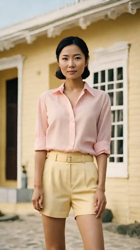 Bridal shower outfit yellow shorts and pastel pink blouse