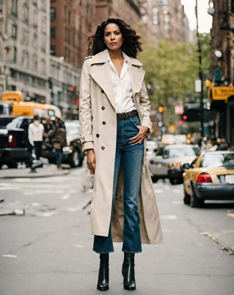 Business casual outfit ankle-length jeans and trench coat