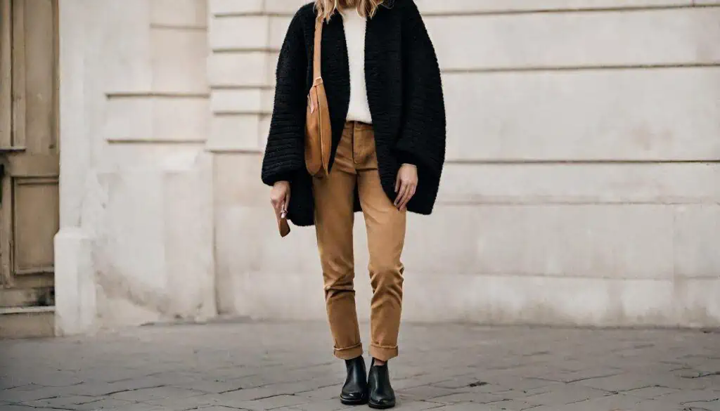 Casual date outfits- black cardigan with corduroy pants and ankle boots