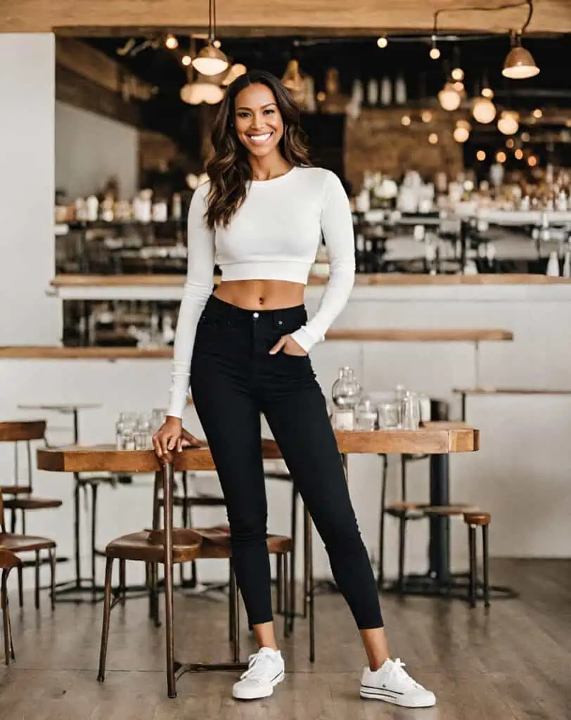Casual date outfits-white crop top black ankle-length jegging