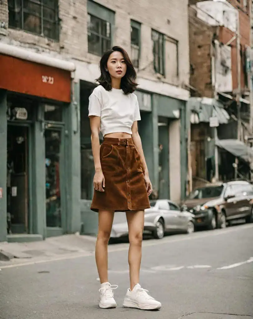Corduroy skirt-with crop top and white sneakers