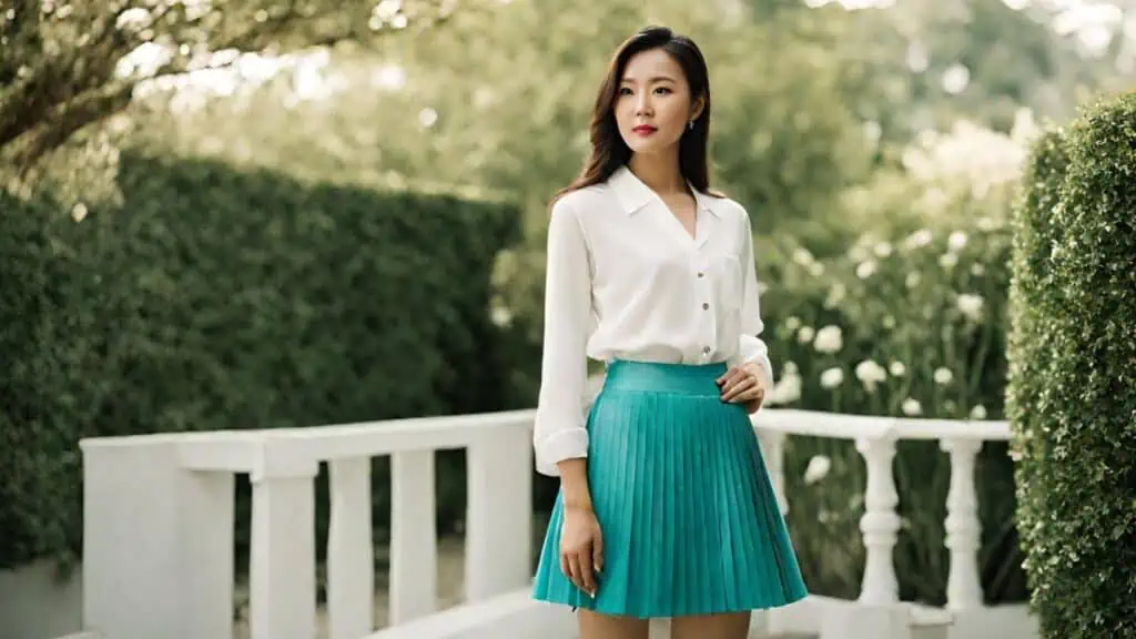dinner date outfit inspo- pleated skirt and white blouse
