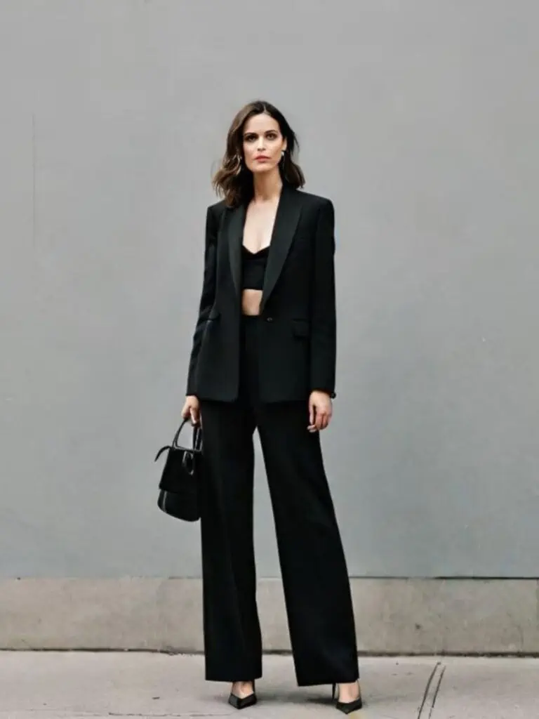 Dinner date matching set black blazer and wide leg pants with crop top