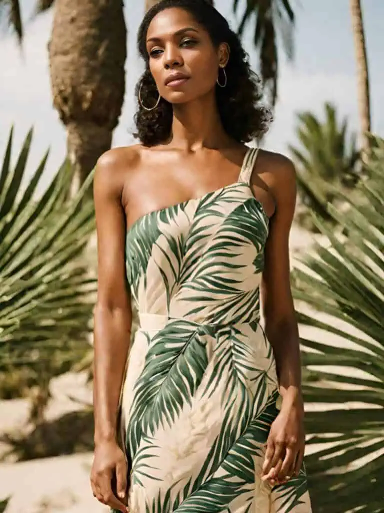 Easy & Stunning Beach Outfits-One shoulder tropical dress
