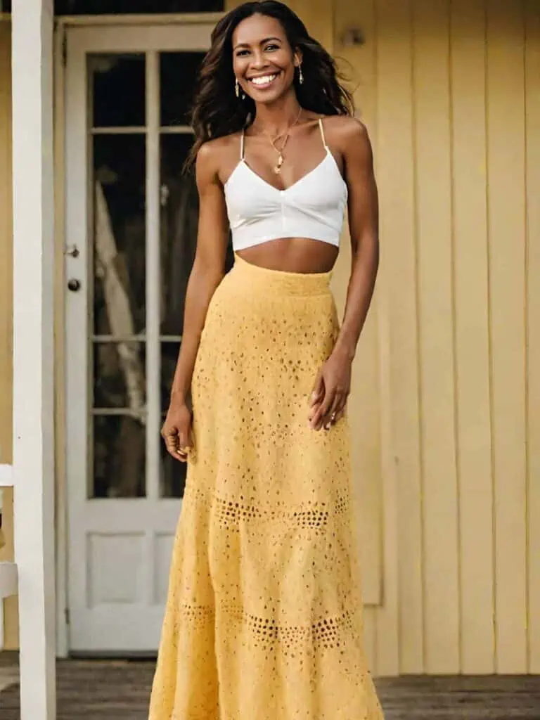 Easy & Stunning Beach Outfits-Yellow eyelet skirt