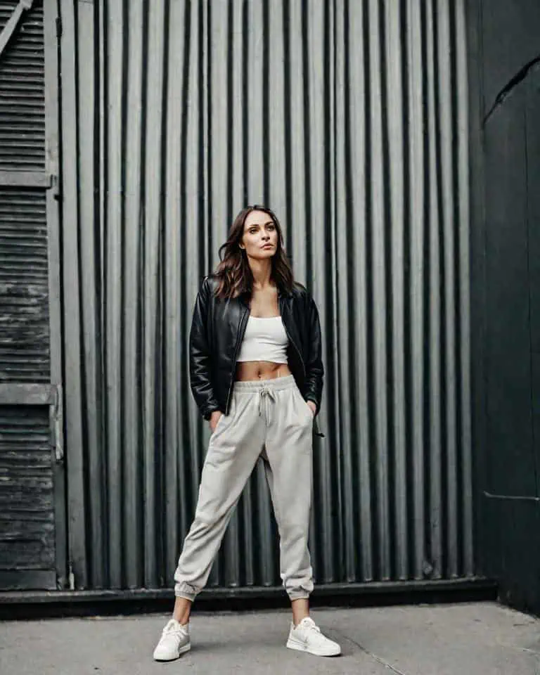 Leather jacket-sweat pants with sneakers