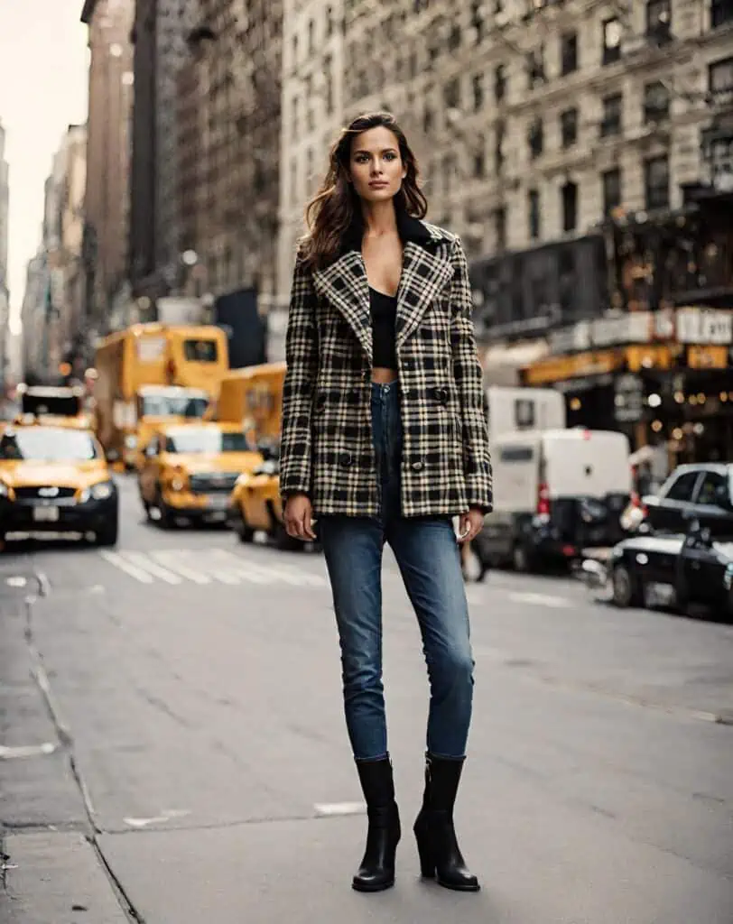 Peacoat ,plaid coat with jeans boots and a crop top