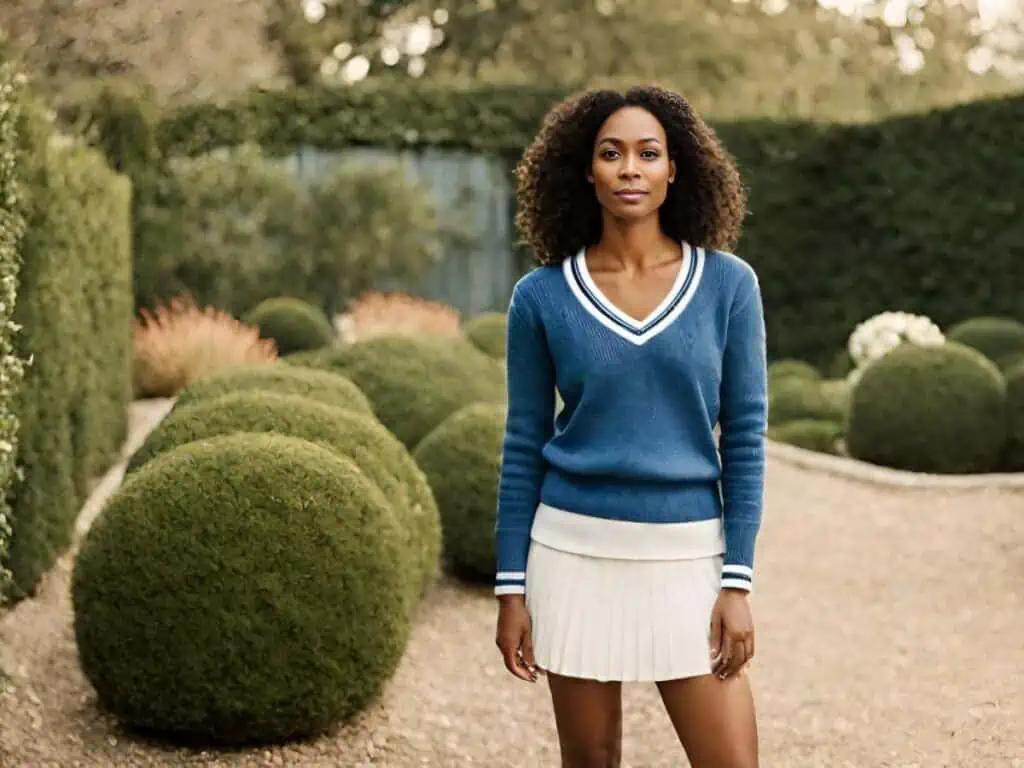 Cable knit V neck sweater with white mini tennis skirt