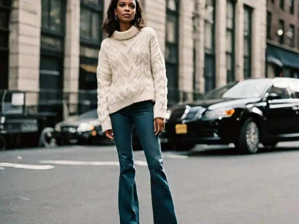 Cable knit sweater over flared jeans