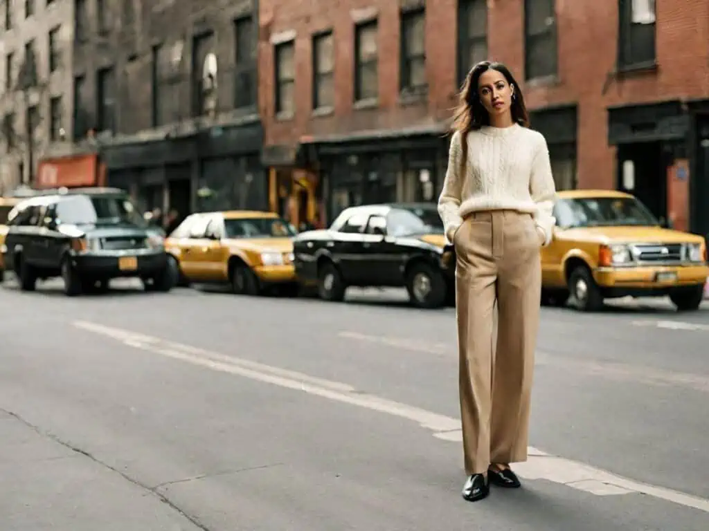 Khaki wide leg pants and knit sweater with black loafers