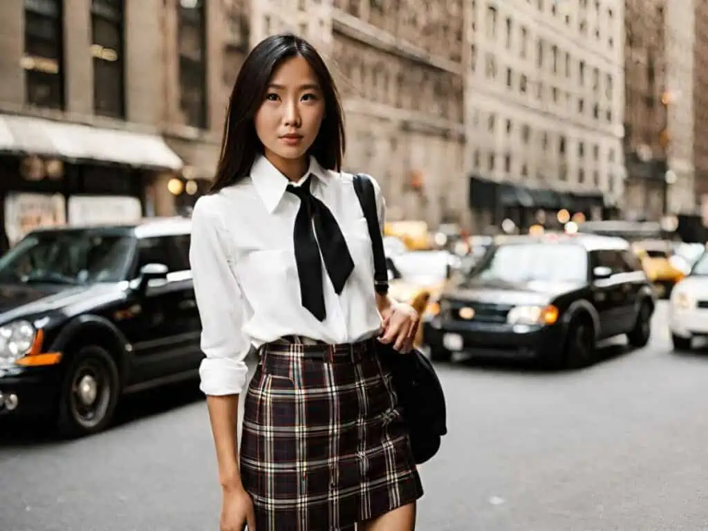 Plaid mini skirt white button up and a tie