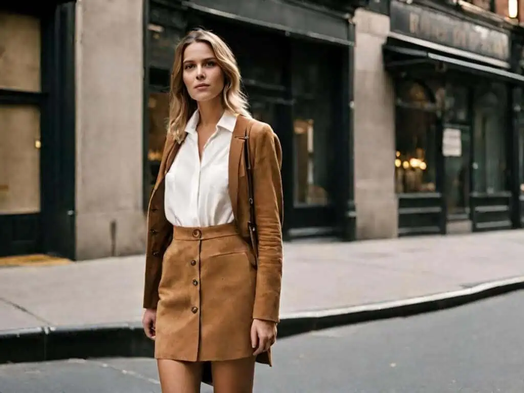 Suede buttoned skirt with matching suede blazer and white collared shirt