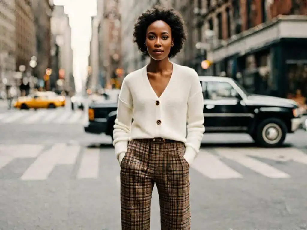 White button up sweater and plaid pants