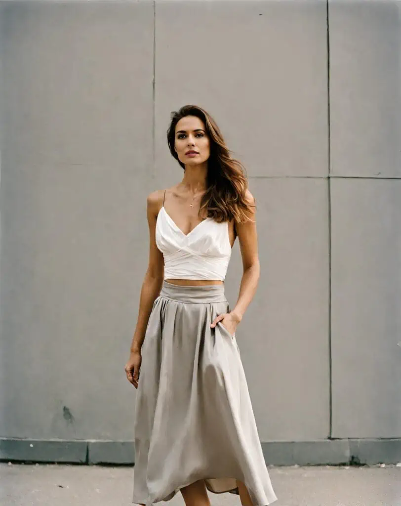 Silk camisole or blouse tucked into the midi skirt