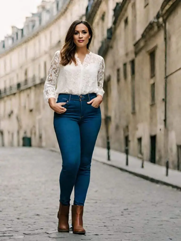 Skinny jeans with lace blouse