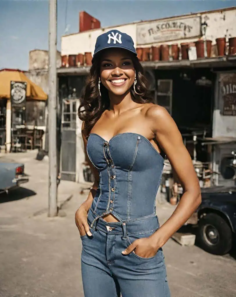 denim bustier and denim jeans with baseball cap