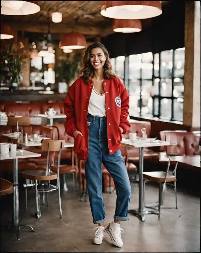 oversized red varsity jacket and jeans with sneakers