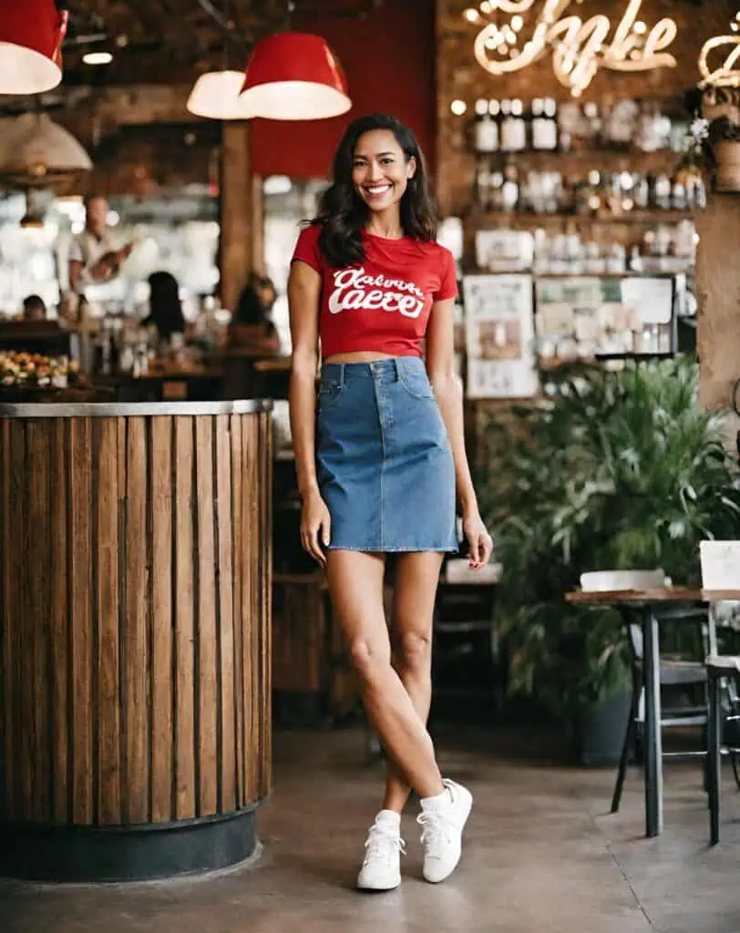 red tshirt and denim skirt with sneakers