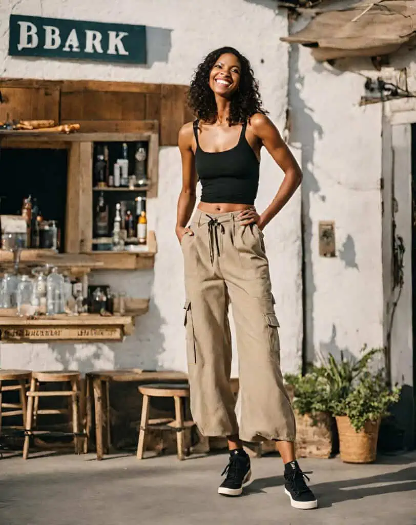 wide-leg cargo pants and cropped cami and sneakers