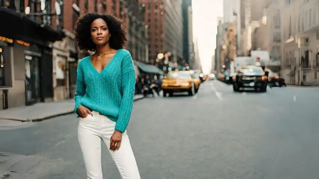 Turquoise outfit V-neck cable knit sweater and white jeans