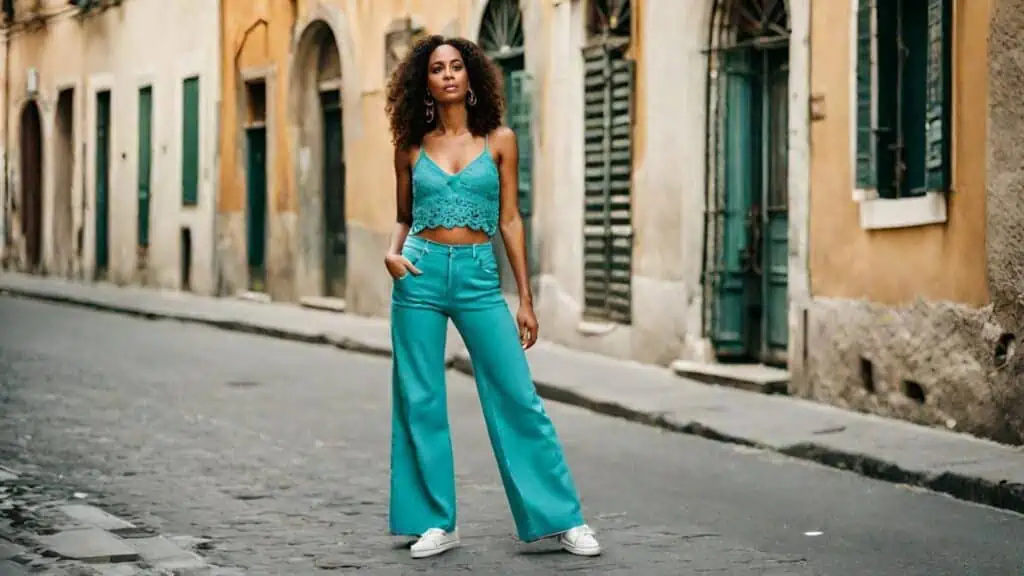 Turquoise outfit crochet top and wide leg jeans