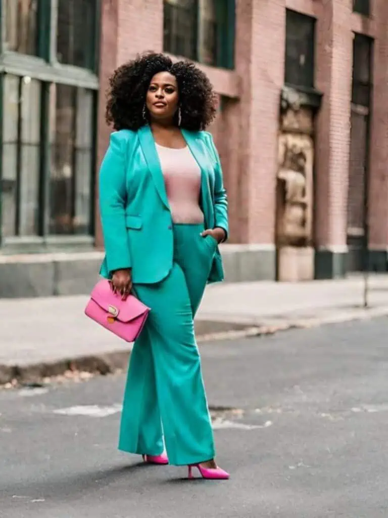 Turquoise outfit matching blazer and wide-leg pants with pink tank