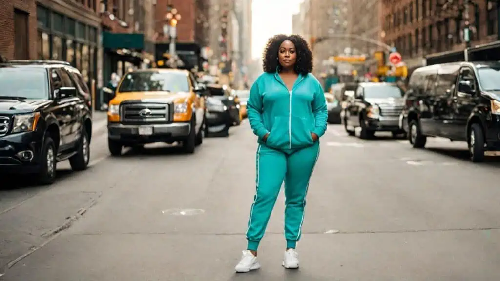 Turquoise outfit matching sweatsuit with white sneakers