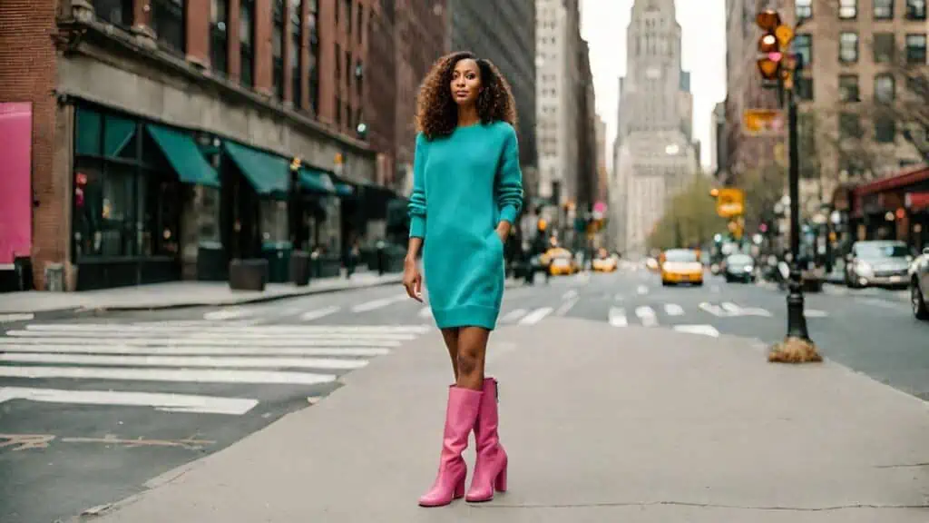 Turquoise outfit sweater dress with pink boots