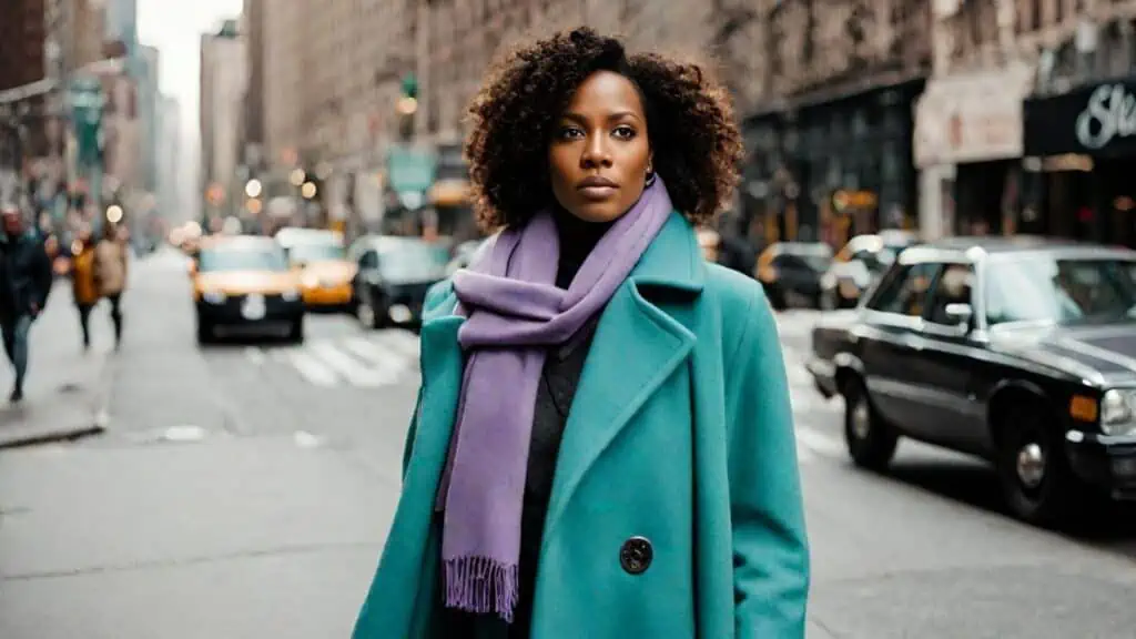 Turquoise outfit wool blend coat and purple scarf