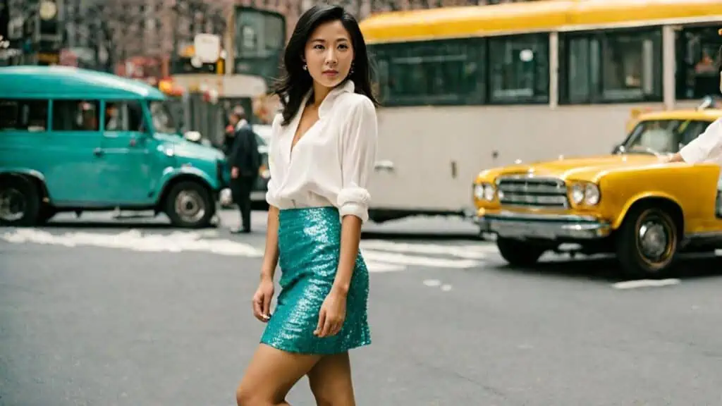Turquoise skirt with white blouse