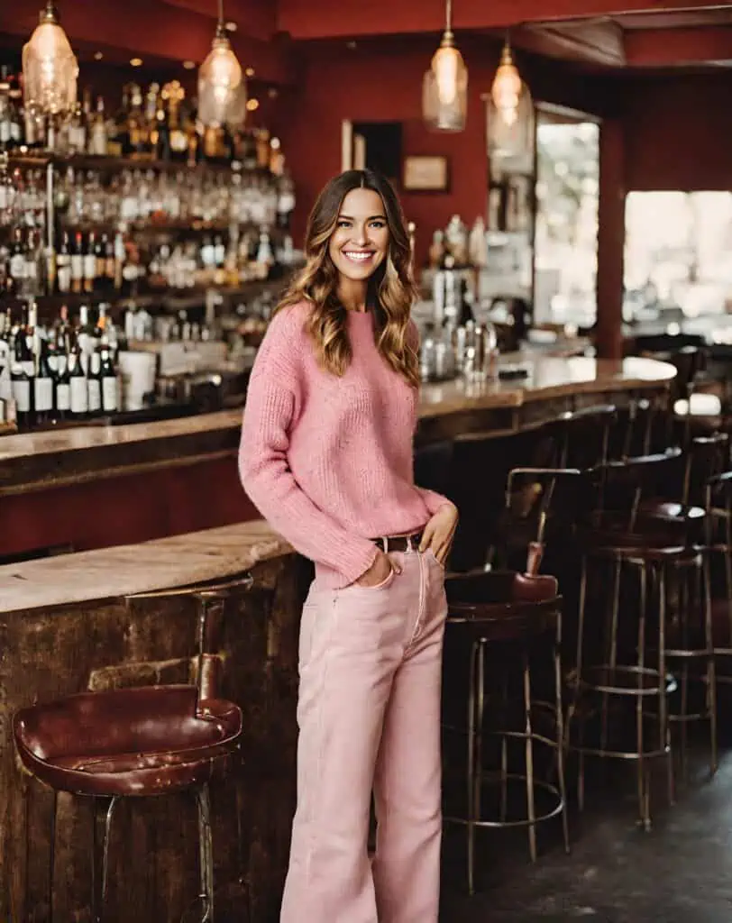 Valentines day outfit pink knit sweater and wide leg jeans