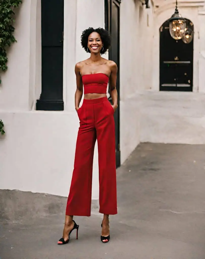 Valentines day outfit red strapless top red wide-leg pants