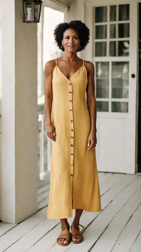 Wedding guest over 50 outfit yellow linen buttoned dress