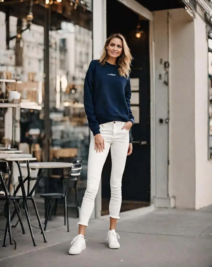 White jeans with sweatshirt and ankle-length jeans
