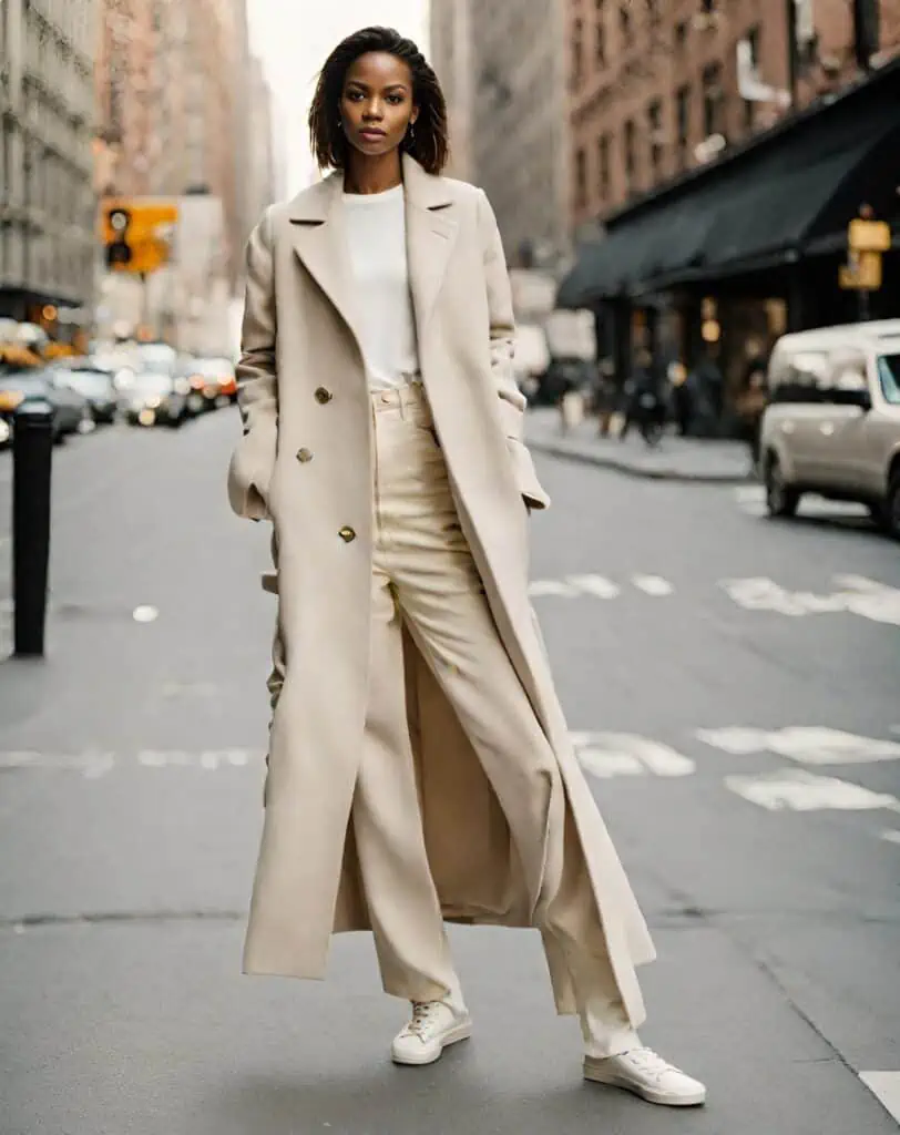White jeans with tshirt and beige wool-blend coat 