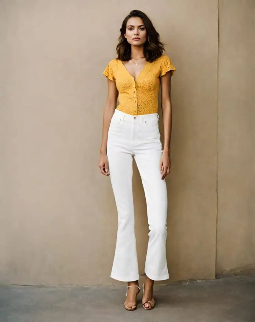White jeans with yellow eyelet top and ankle-length flared jeans