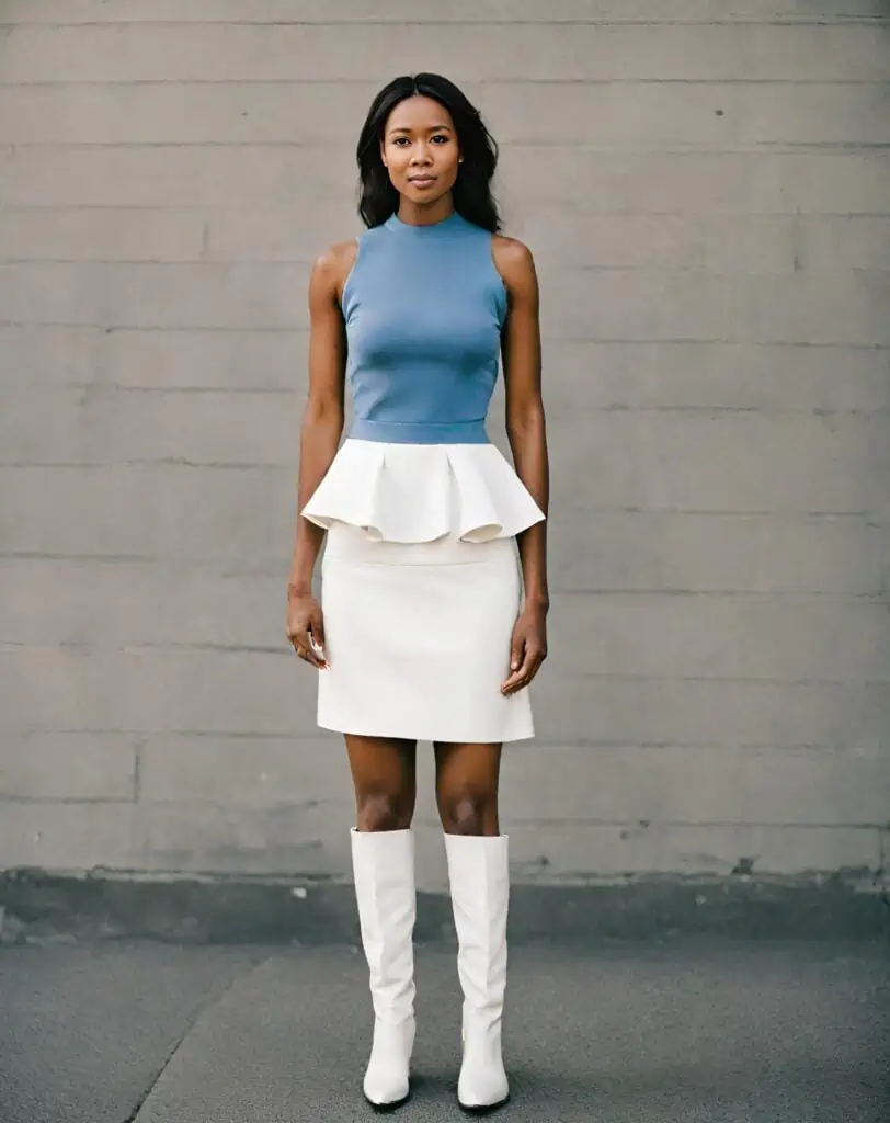 white skirt outfits- white peplum skirt and blue top