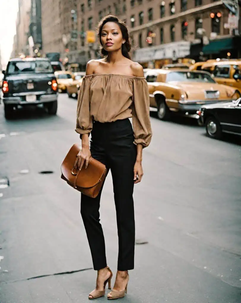 black jeans with an off-shoulder blouse and heel