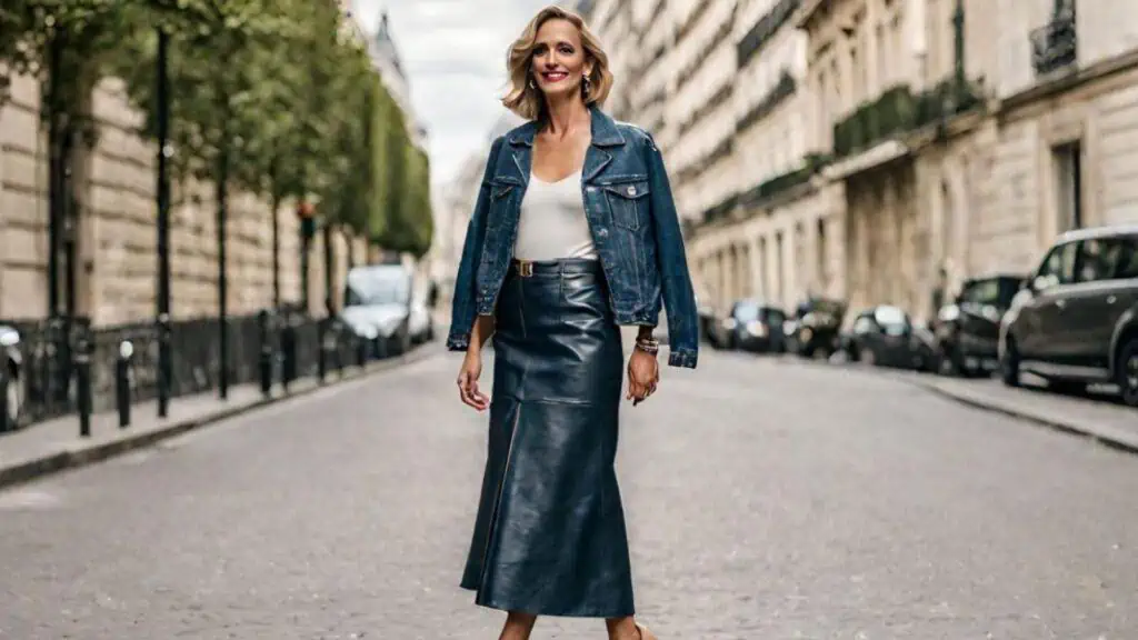 denim jacket outfit inspo-leather skirt