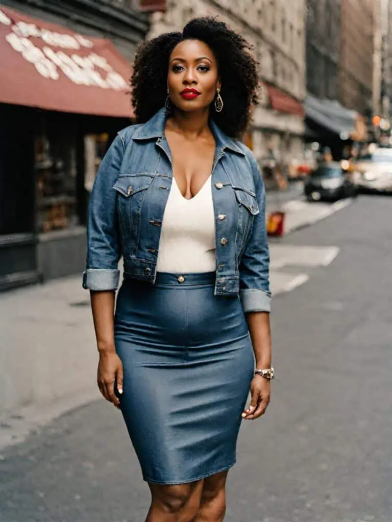 denim jacket outfits-pencil skirt