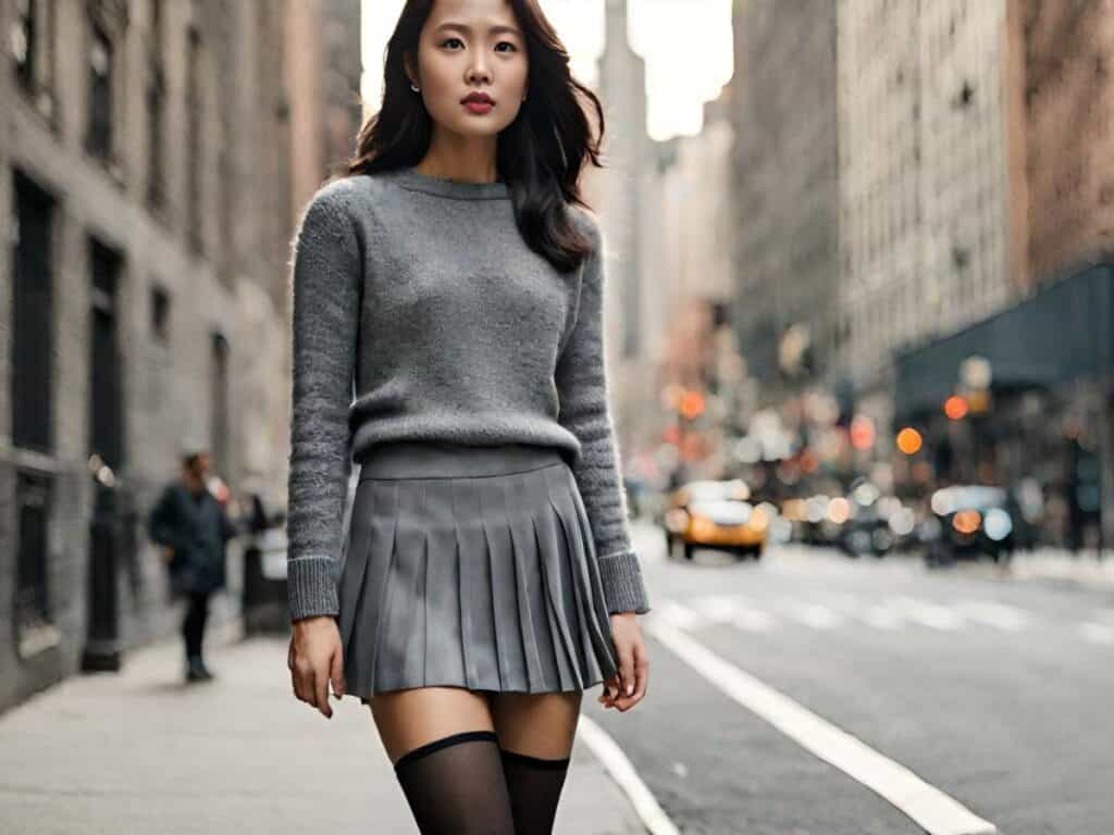 gray pleated mini skirt and gray knit sweater with stockings